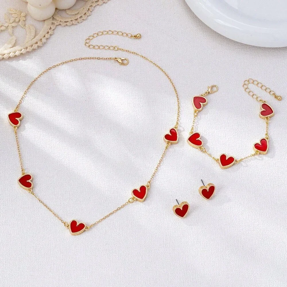 Red Elegant Women's Heart-Shaped Jewelry Set